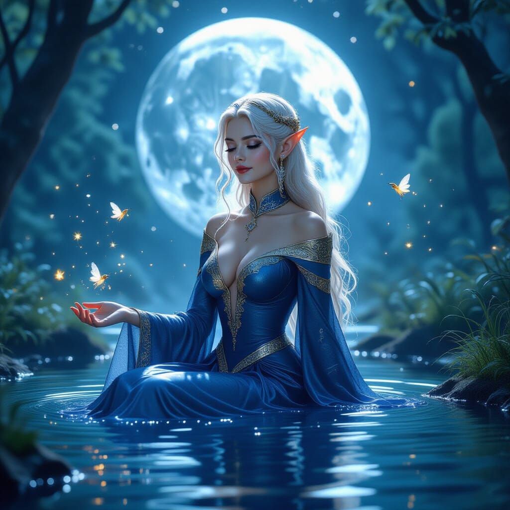 Elf Woman Bathes Under Moonlit Forest Sky