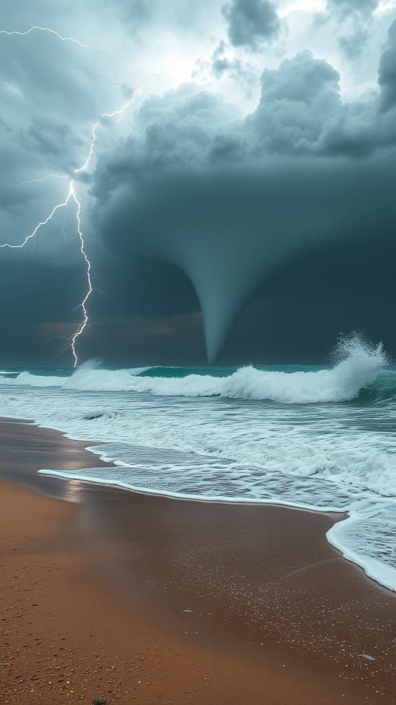 Hurricane Approaches Beach with Lightning and Storm Surge