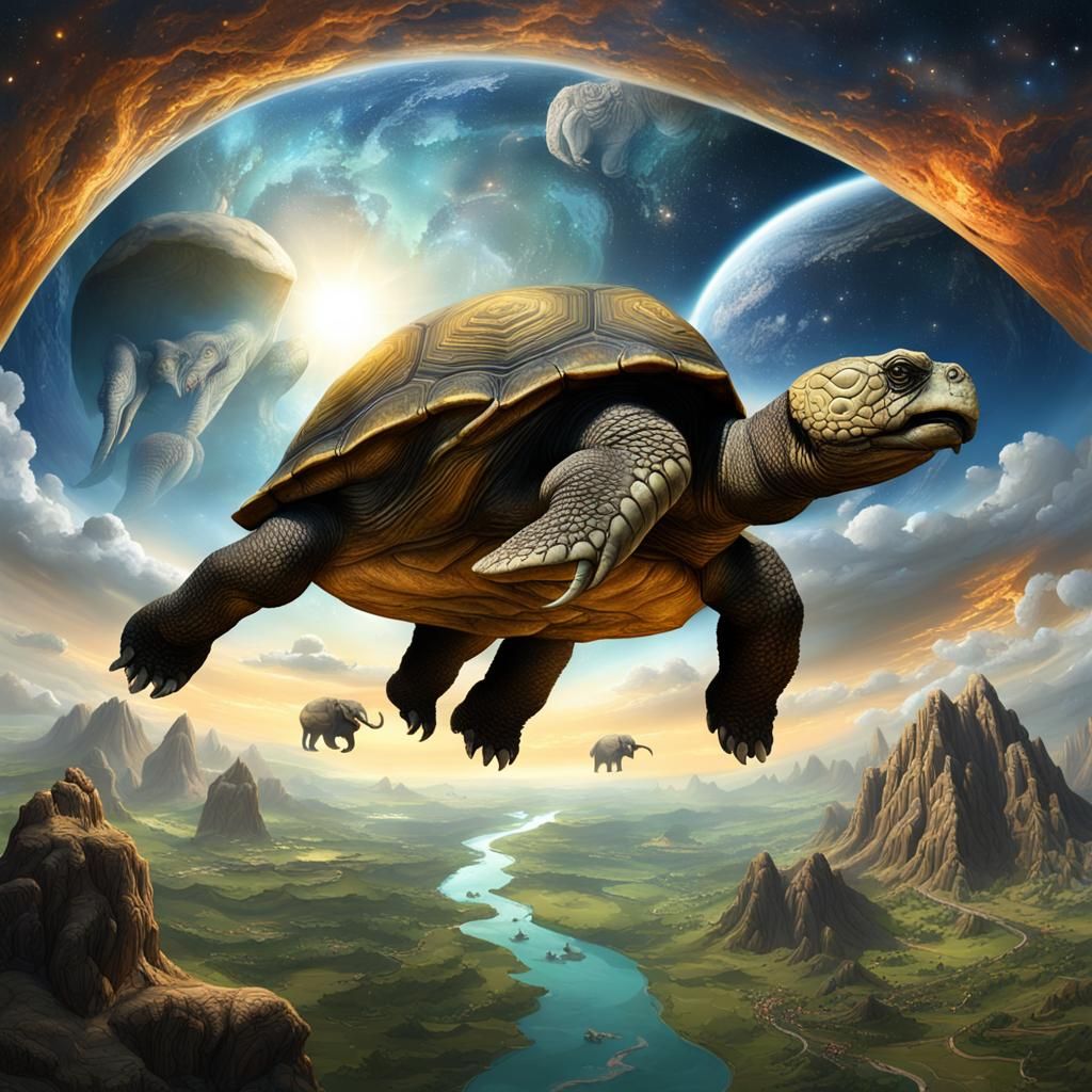 Cosmic Turtle Carries Discworld in Surreal Digital Art