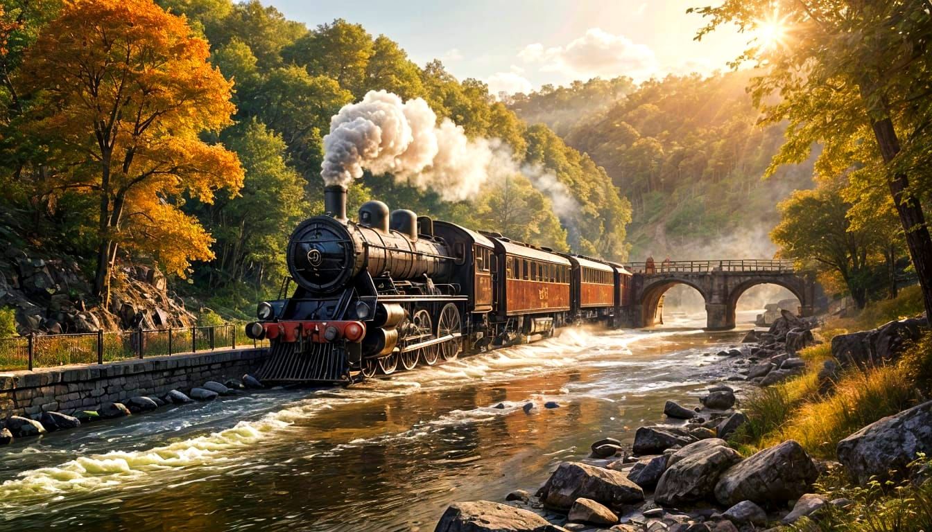Steam Train on Stone Bridge in Autumn Village