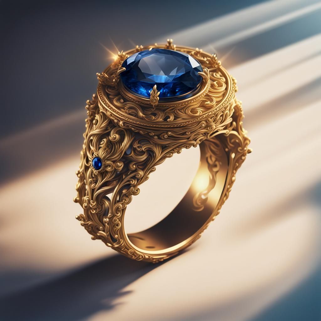 Gold Magic Ring with Blue Sapphire: Digital Art