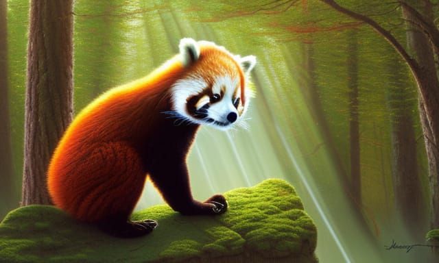 Red Panda in Springtime Forest: Oil Painting
