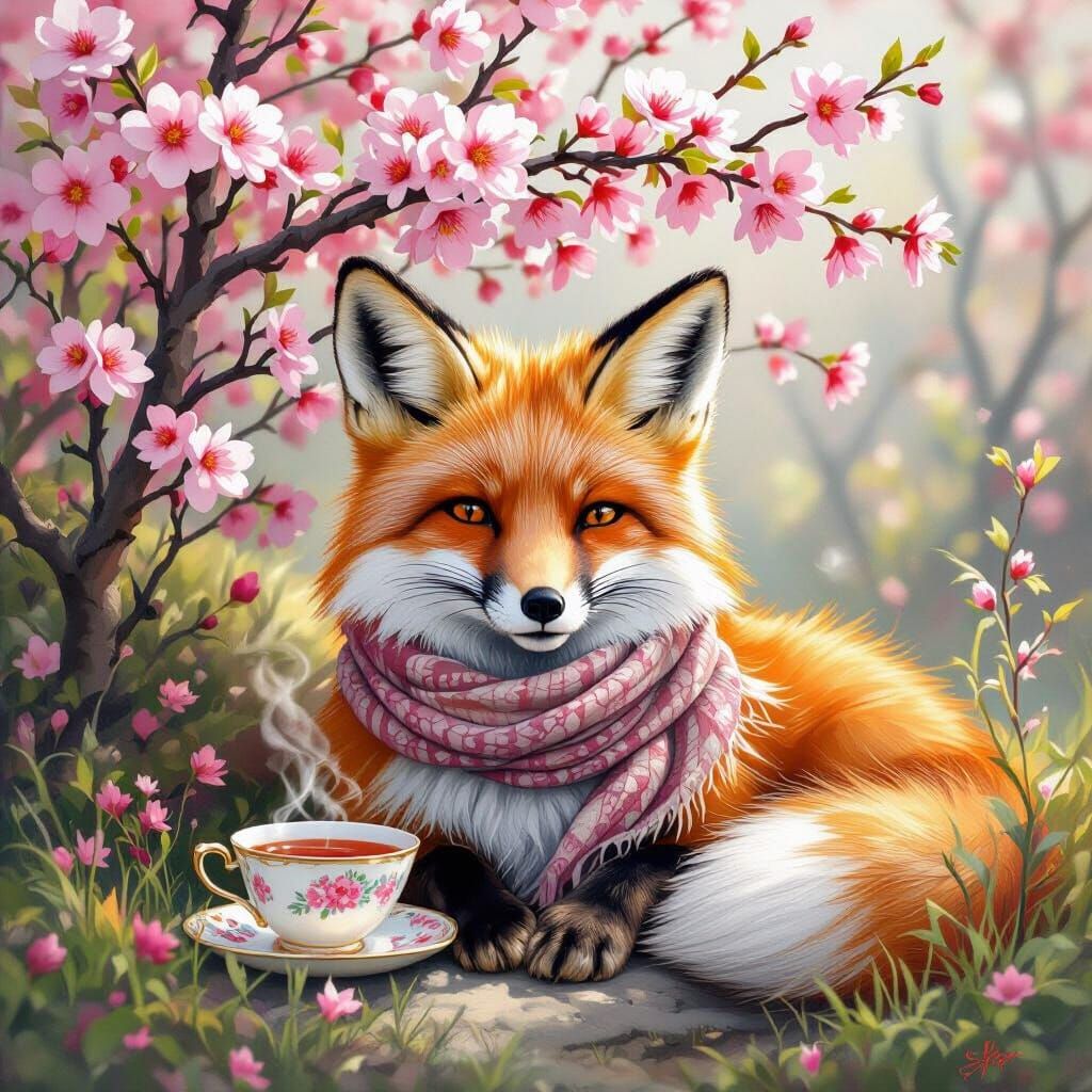 Fox with Tea Cup: Airbrush and Acrylic Style