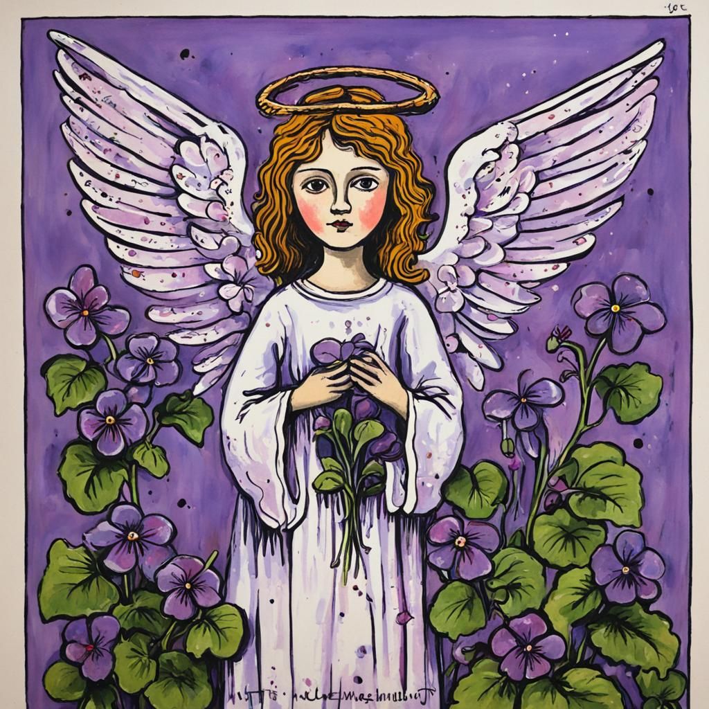 Naive Outsider Art: Angel of Violets in Gouache