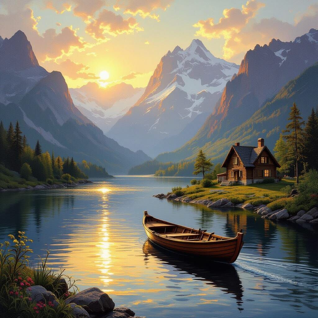 Romantic Landscape Oil Painting of Mountain River Scene