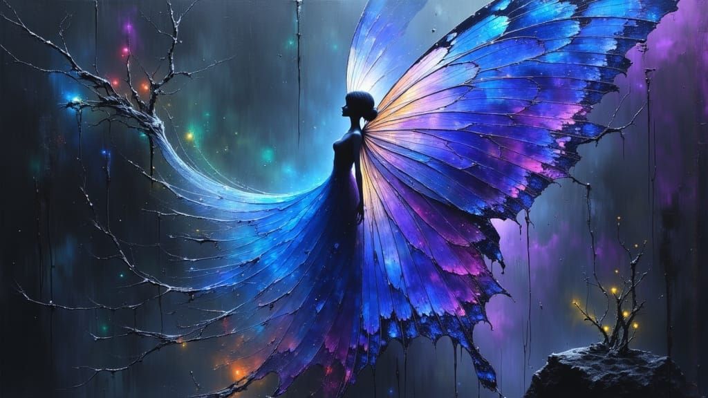 Fairy with Blue to Purple Butterfly Wings in Dark Forest
