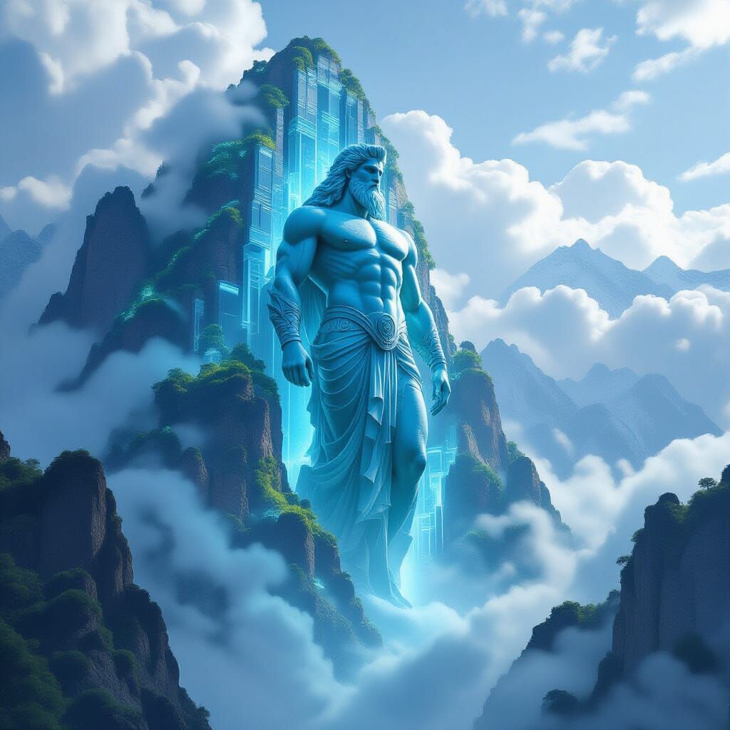 Crystal Zeus Statue on Mountain Peak in Greco-Futurist Style