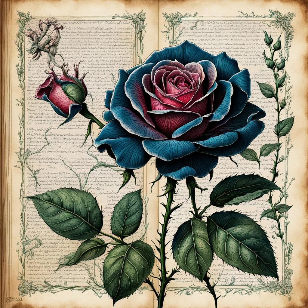 Botanical Ink Rose in Vintage Herbal Book