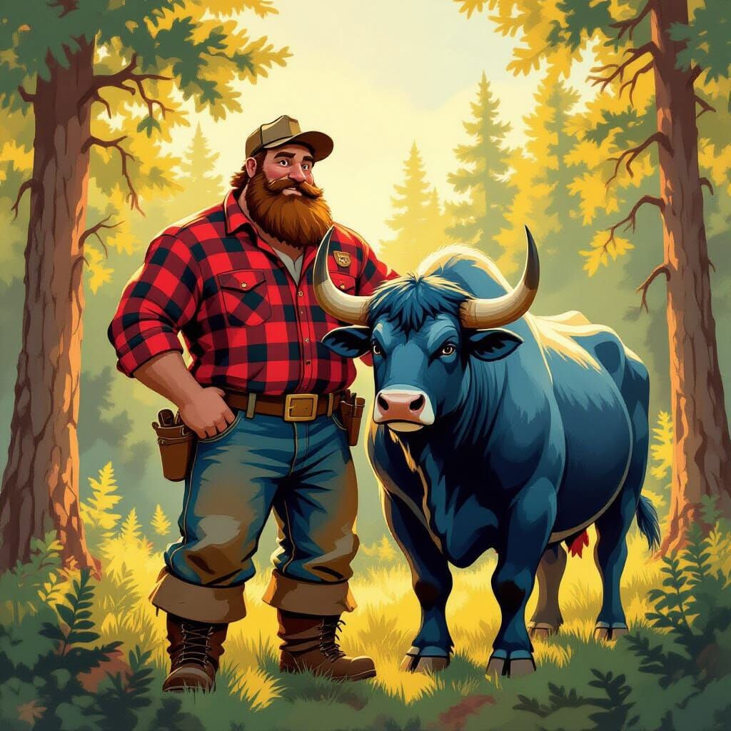 Paul Bunyan and Babe the Blue Ox in Folk Art Style