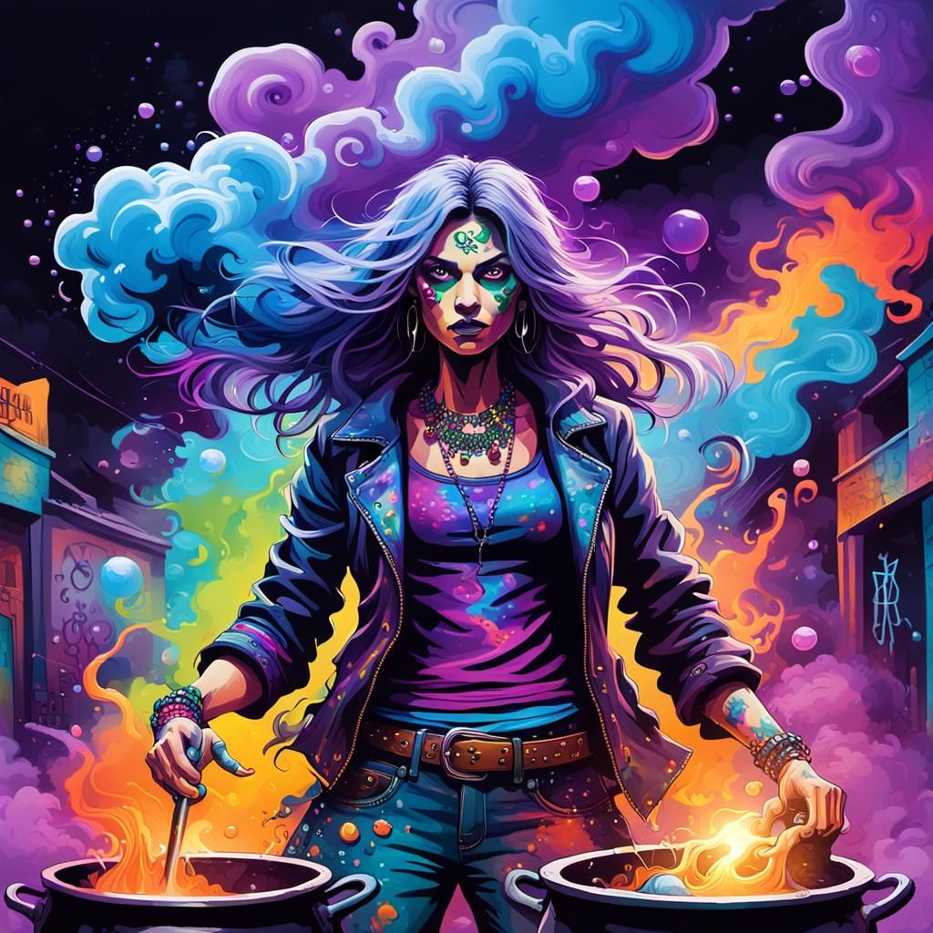 Rebel Witch Graffiti Art with Neon Cauldron