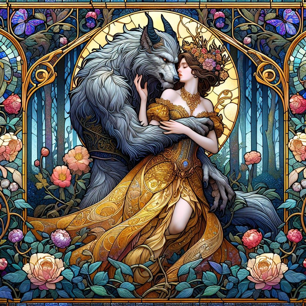 Art Nouveau: Princess and Werewolf in Stained Glass