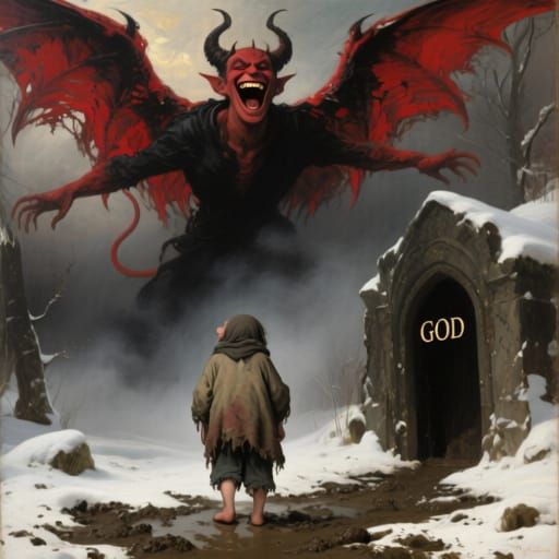 Child Mourns at Crypt Under Satan's Shadow