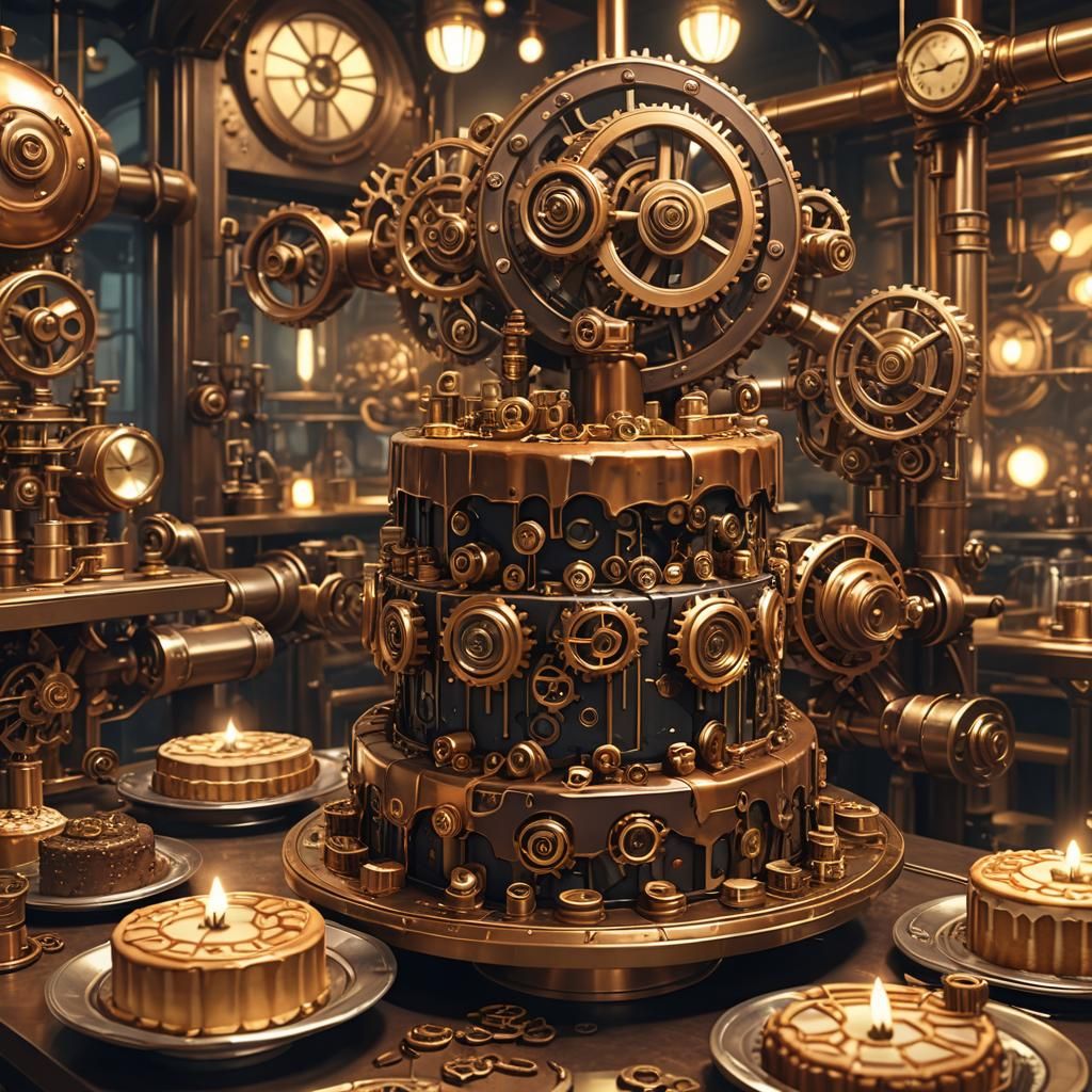 Steampunk Anime Androids Enjoying Gear Cake