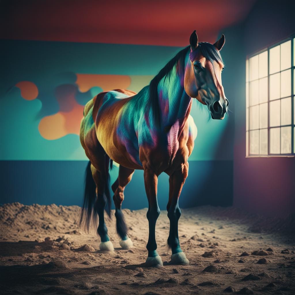 Multi-Colored Horse in Digital Room: Cinematic Still