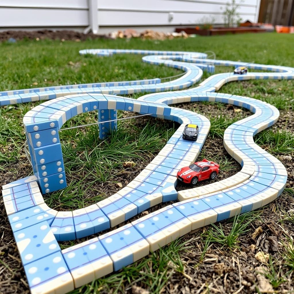 Domino Race Track with Tiny Cars Outdoors