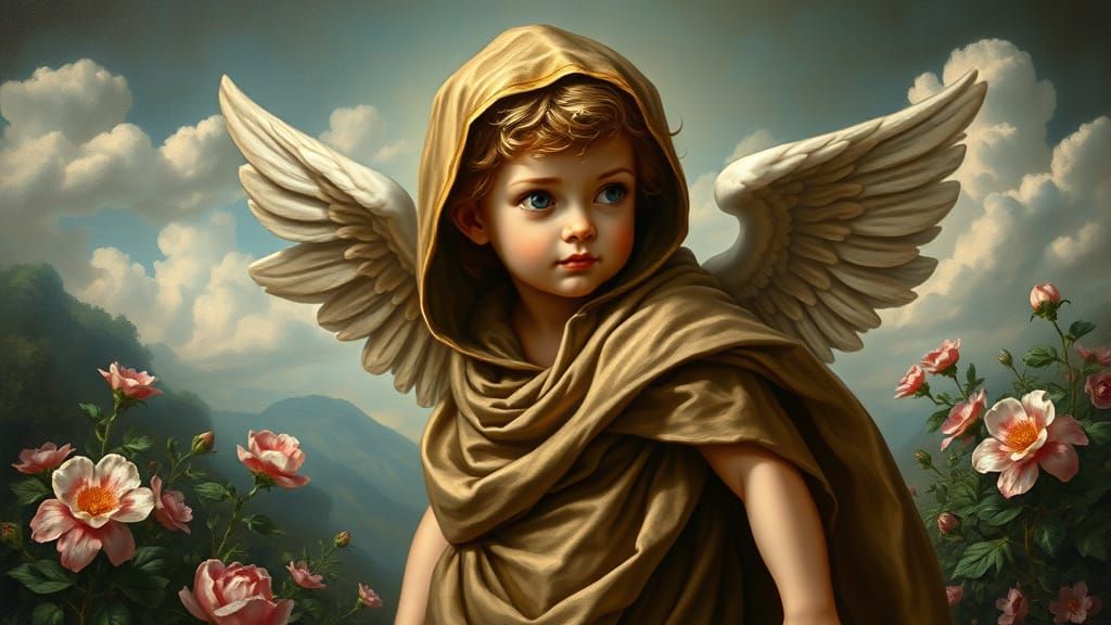 Cherubic Cupid in Lush Renaissance Landscape