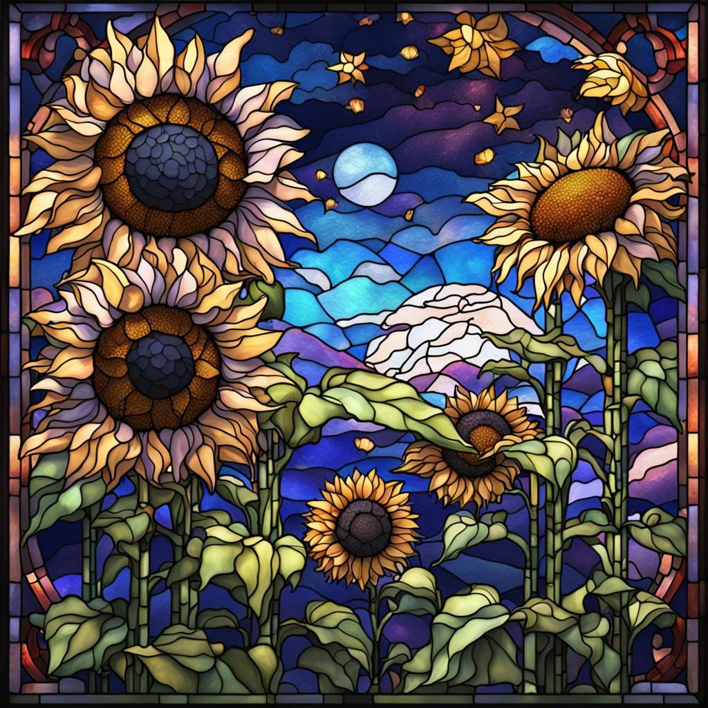 Stained Glass Sunflowers Under Starry Sky