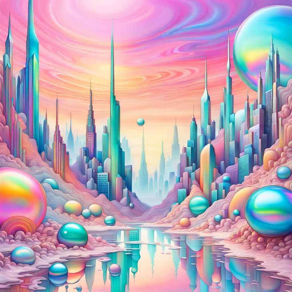 Iridescent Cityscape: A Whimsical Surrealist Vision