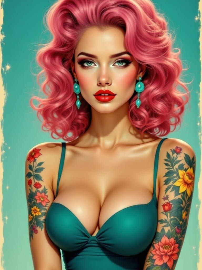 Elegant Pin-Up Portrait with Vibrant Tattoos and Retro Flair