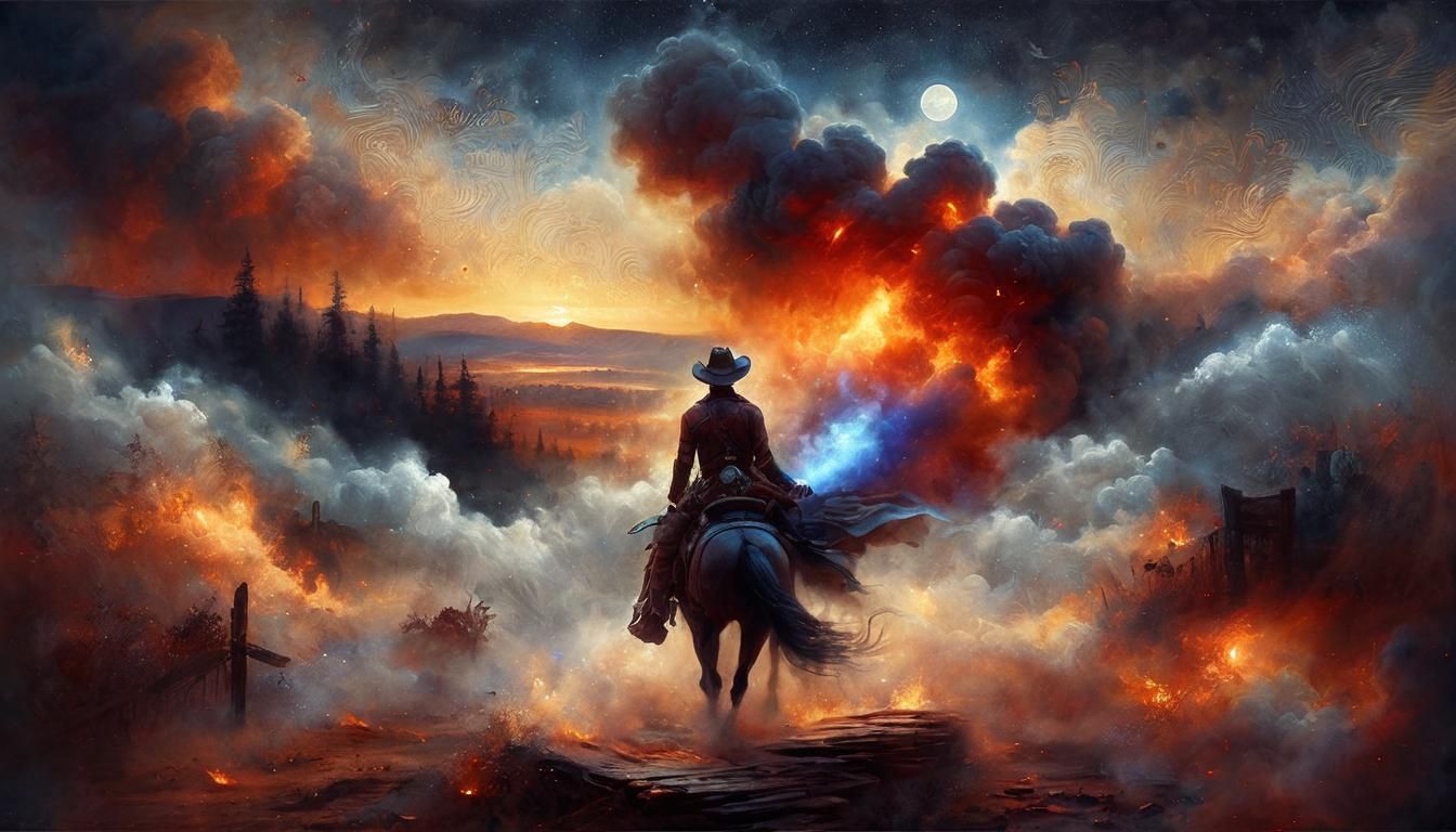 Cowboy Rides Through Smoke in Digital Art Style