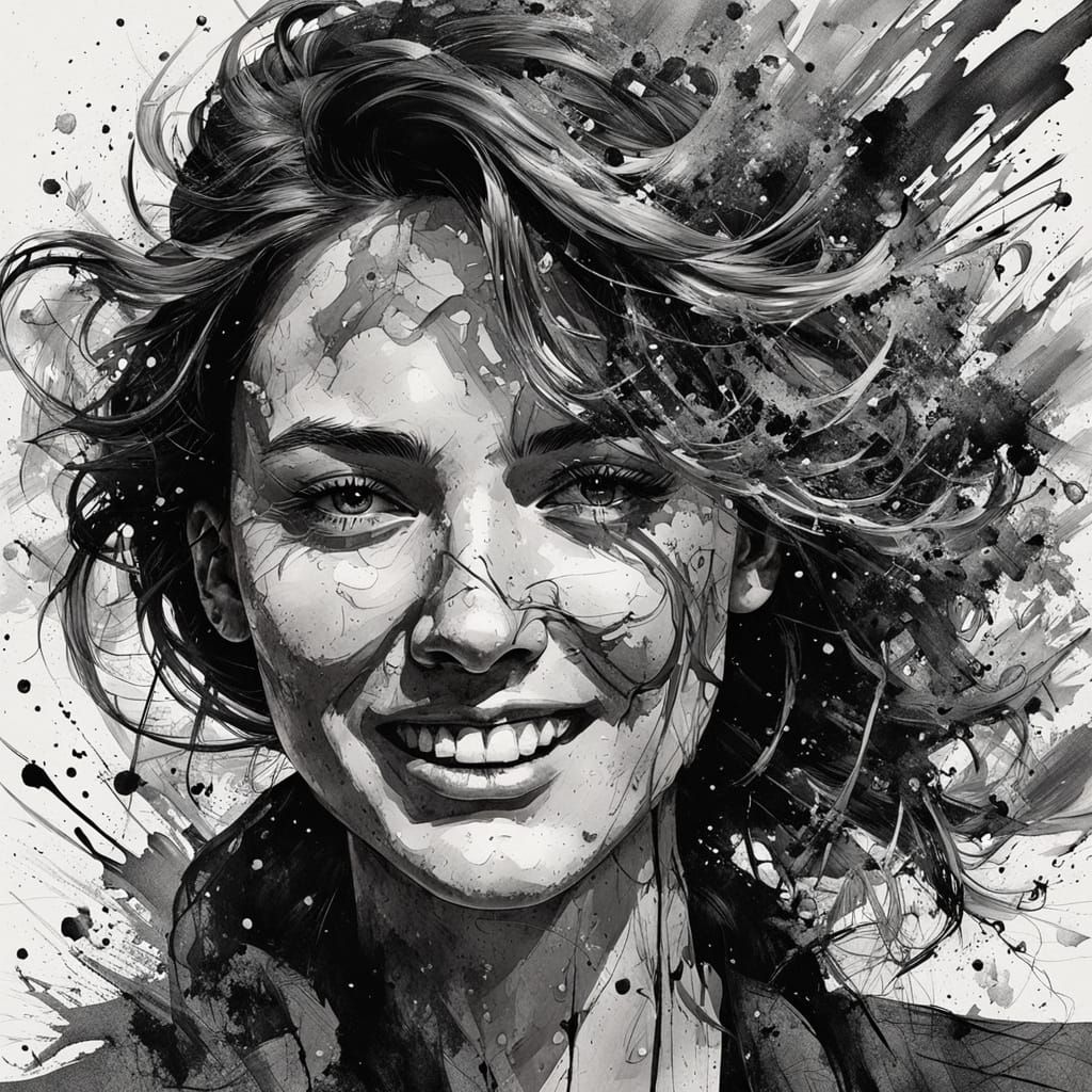 Expressive Portrait in Mixed-Media with Ink Splatters