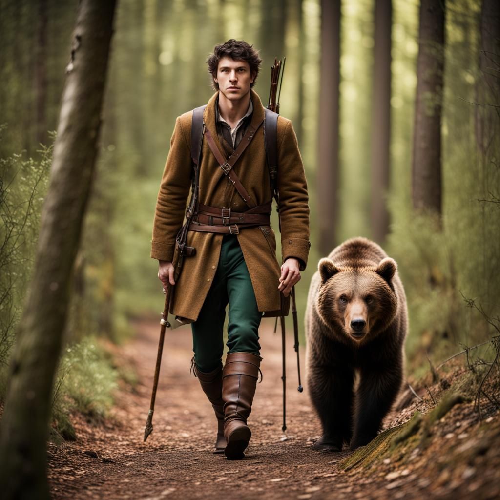 Ranger and Bear Companion in Medieval Woods