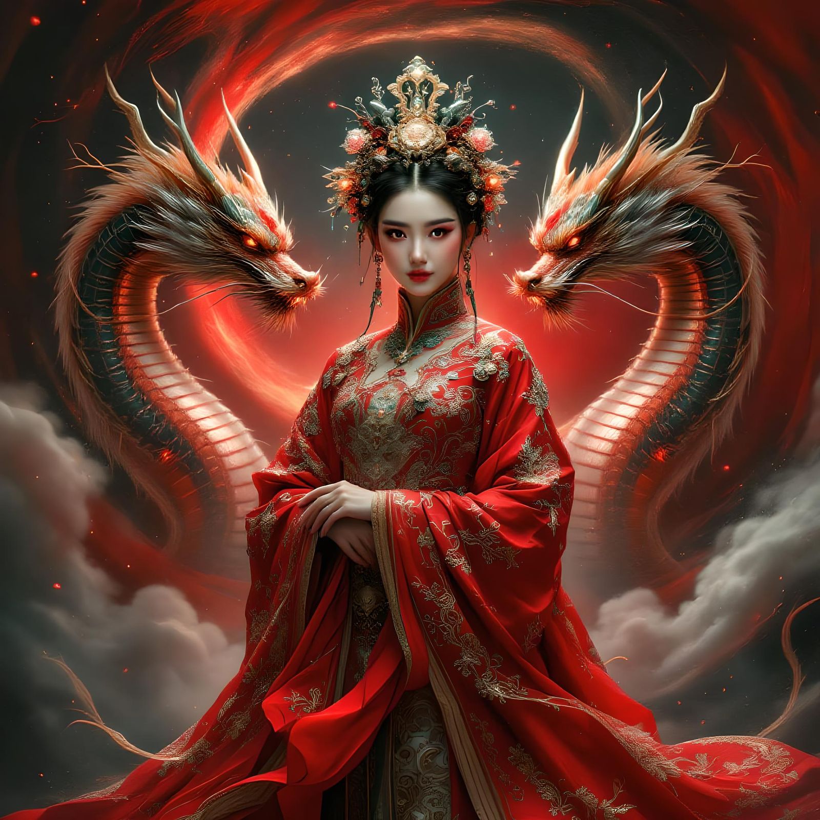 Cyberpunk Dragon Empress in Red Robe