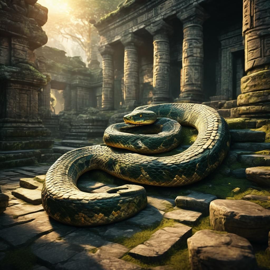 Serpent Coiled in Ancient Temple Ruins