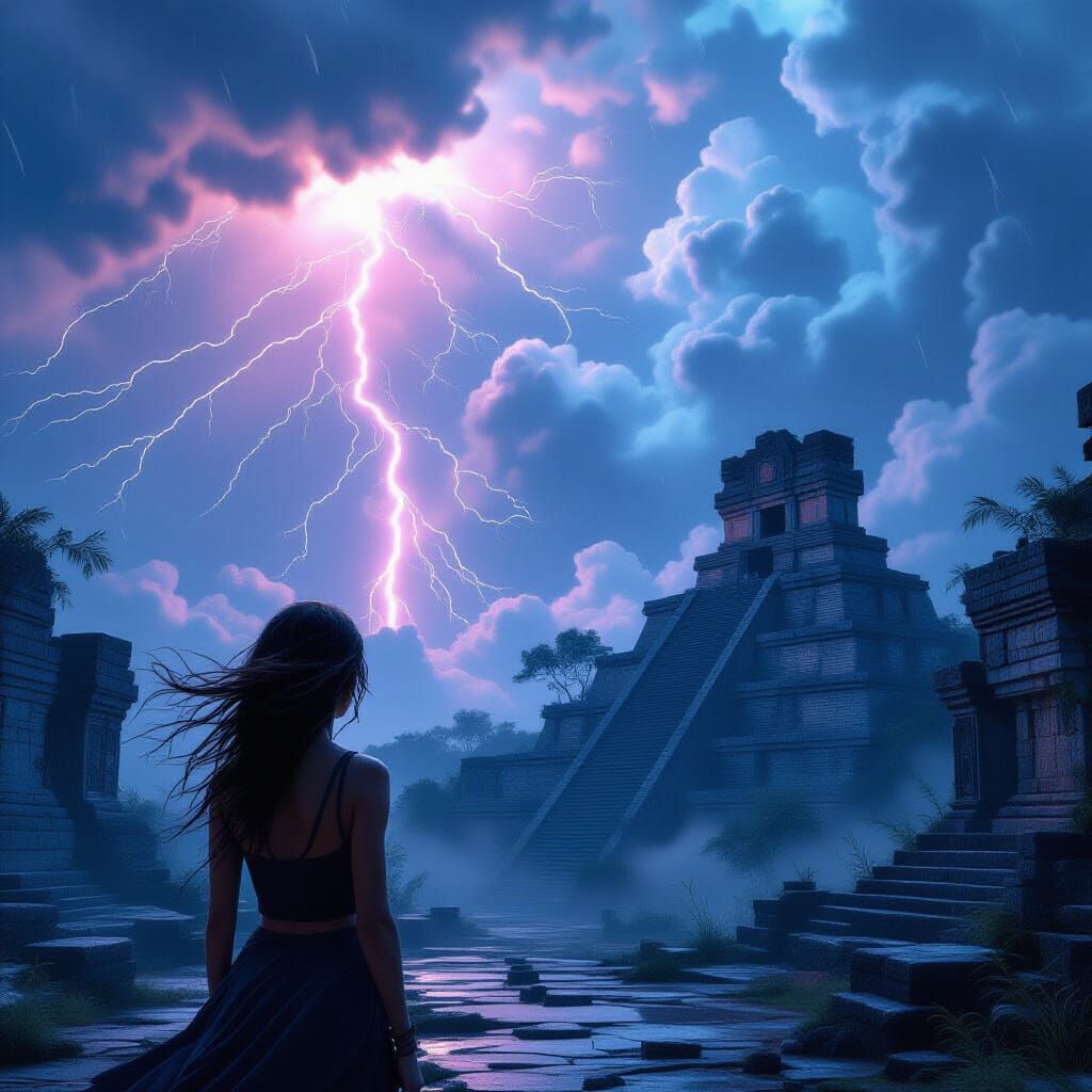 Mayan Ruins Under Synthwave Thunderstorm