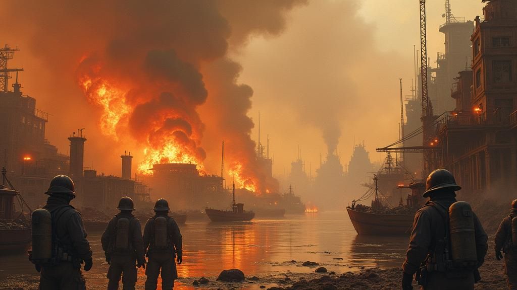 Alien Firefighters Battle Blaze in Spaceport Harbor