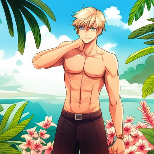 Anime Style: Blonde Man in Tropical Paradise