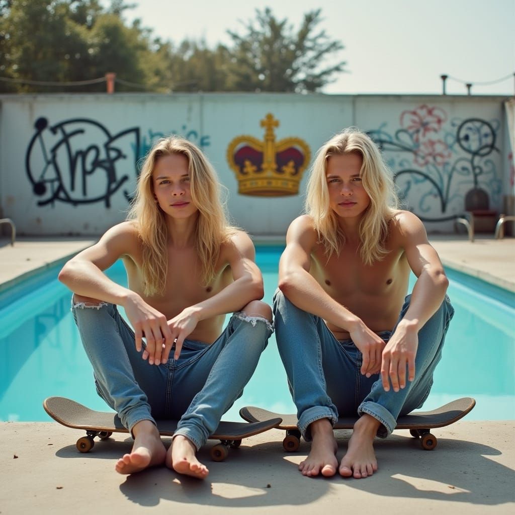 Skaters in Empty Pool with Graffiti Art