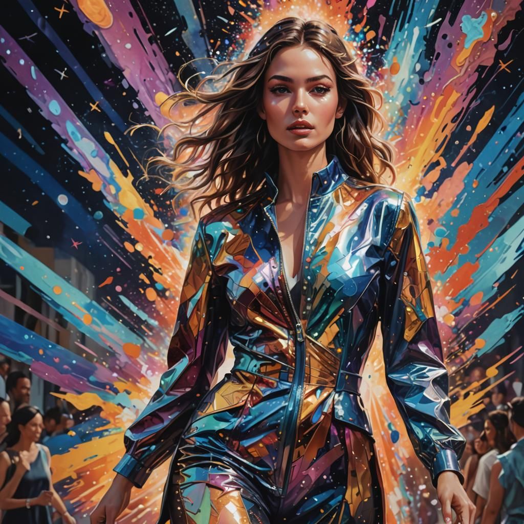 Beautiful Woman on Runway in Hyperrealistic Splash Art