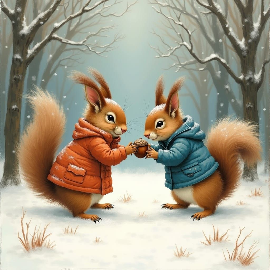 Squirrels Fight Over Acorn in Snowy Forest