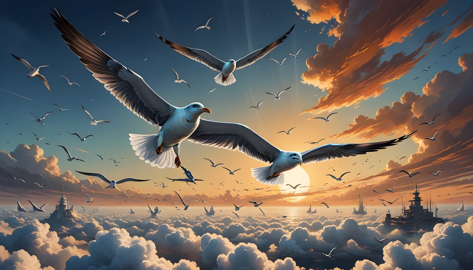 Futuristic Seagulls in Serene Sunset