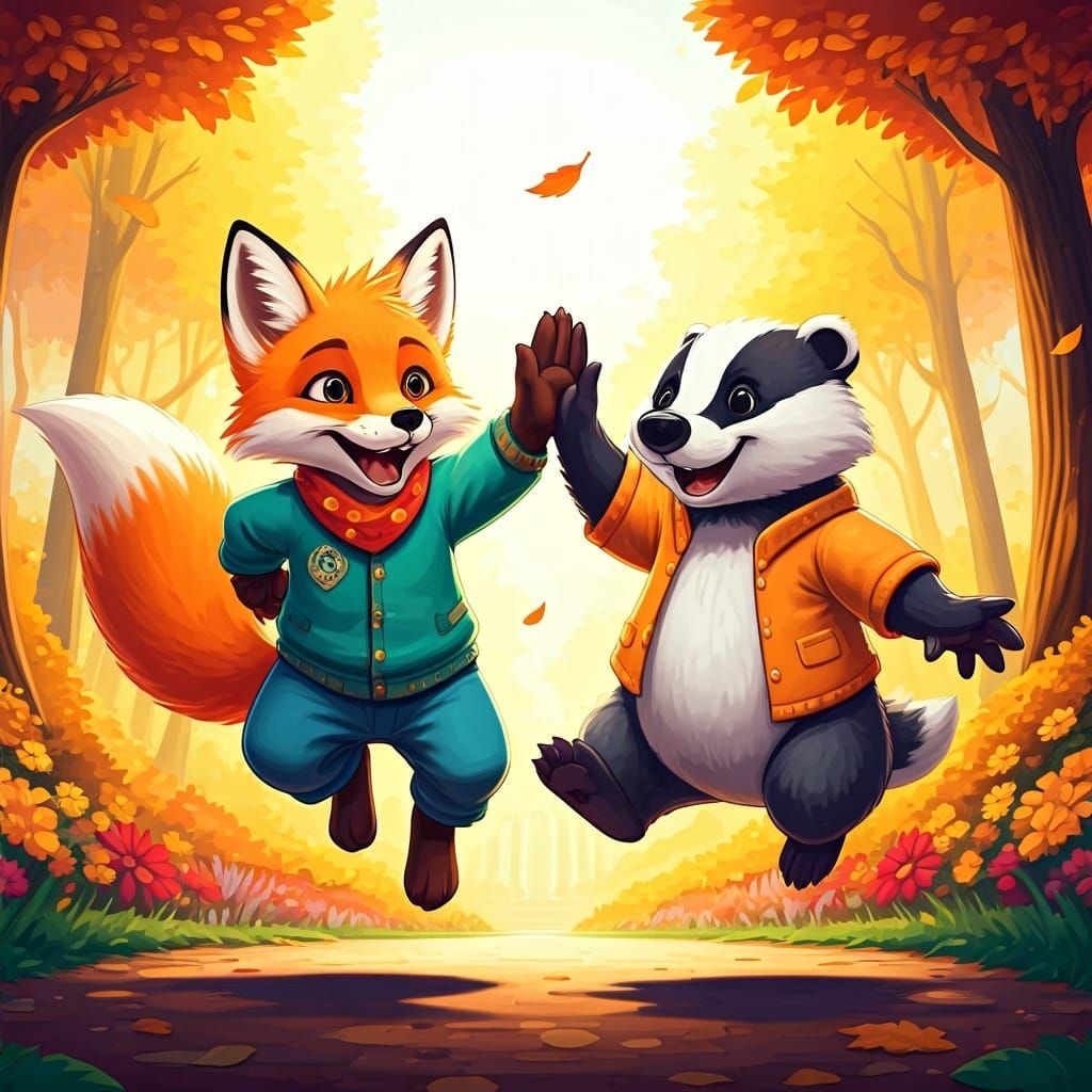Fox and Badger High-Five in Comic Style Park