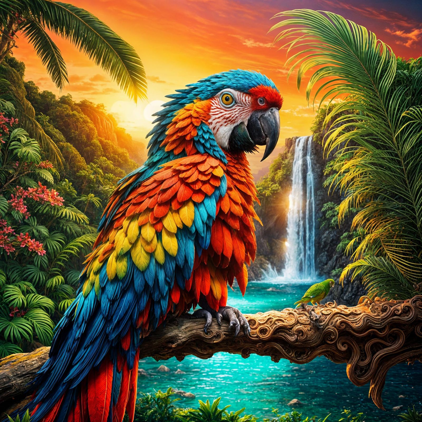 Vibrant Tropical Oasis with Parrot, Hyperrealistic