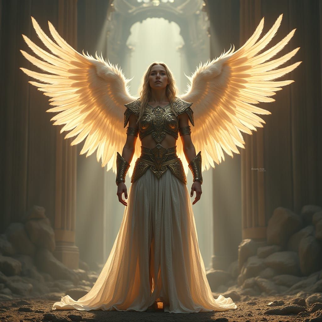 Valkyrie Goddess in Powerful Stance, Runic Armor, Unfolded W...