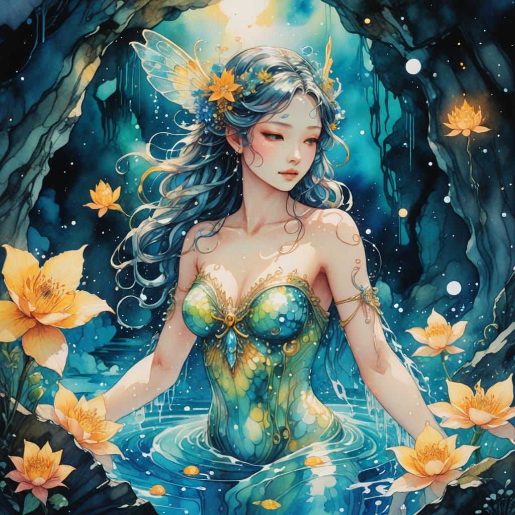 Celestial Water Nymph Emerges in Manga Style