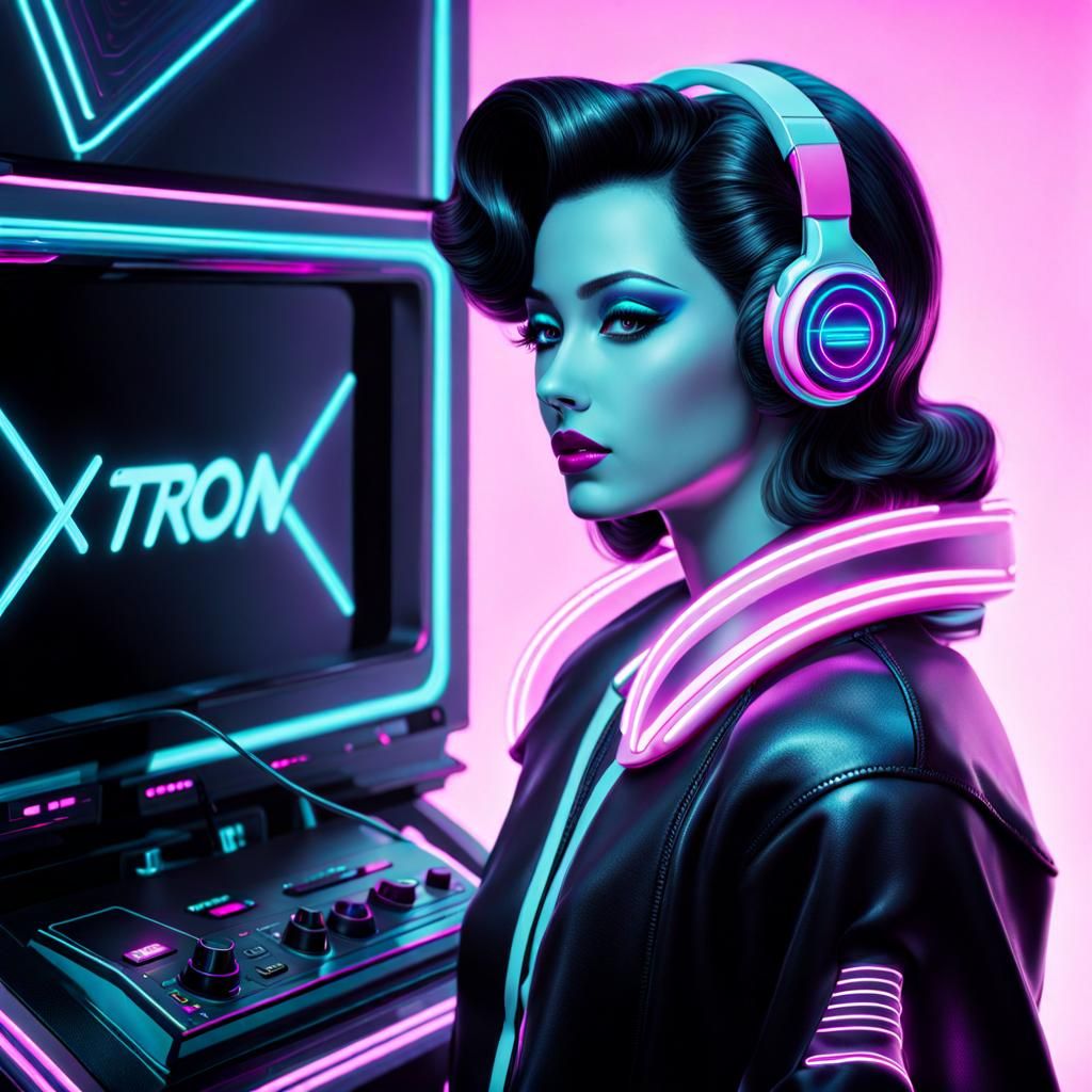 Vaporwave Scene with Retro Tech and Neon Lights