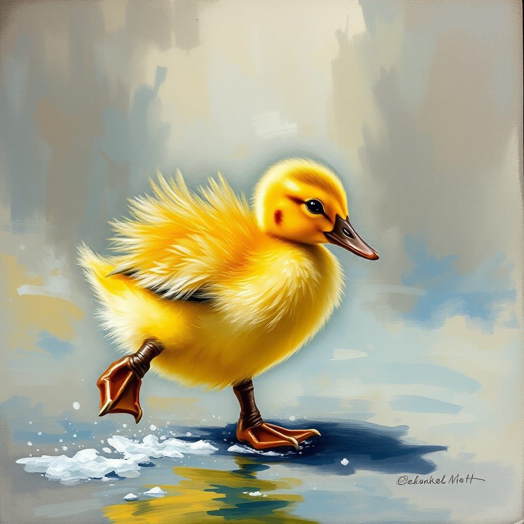 Yellow Duckling Ice Skating: Gouache Impressionist Painting