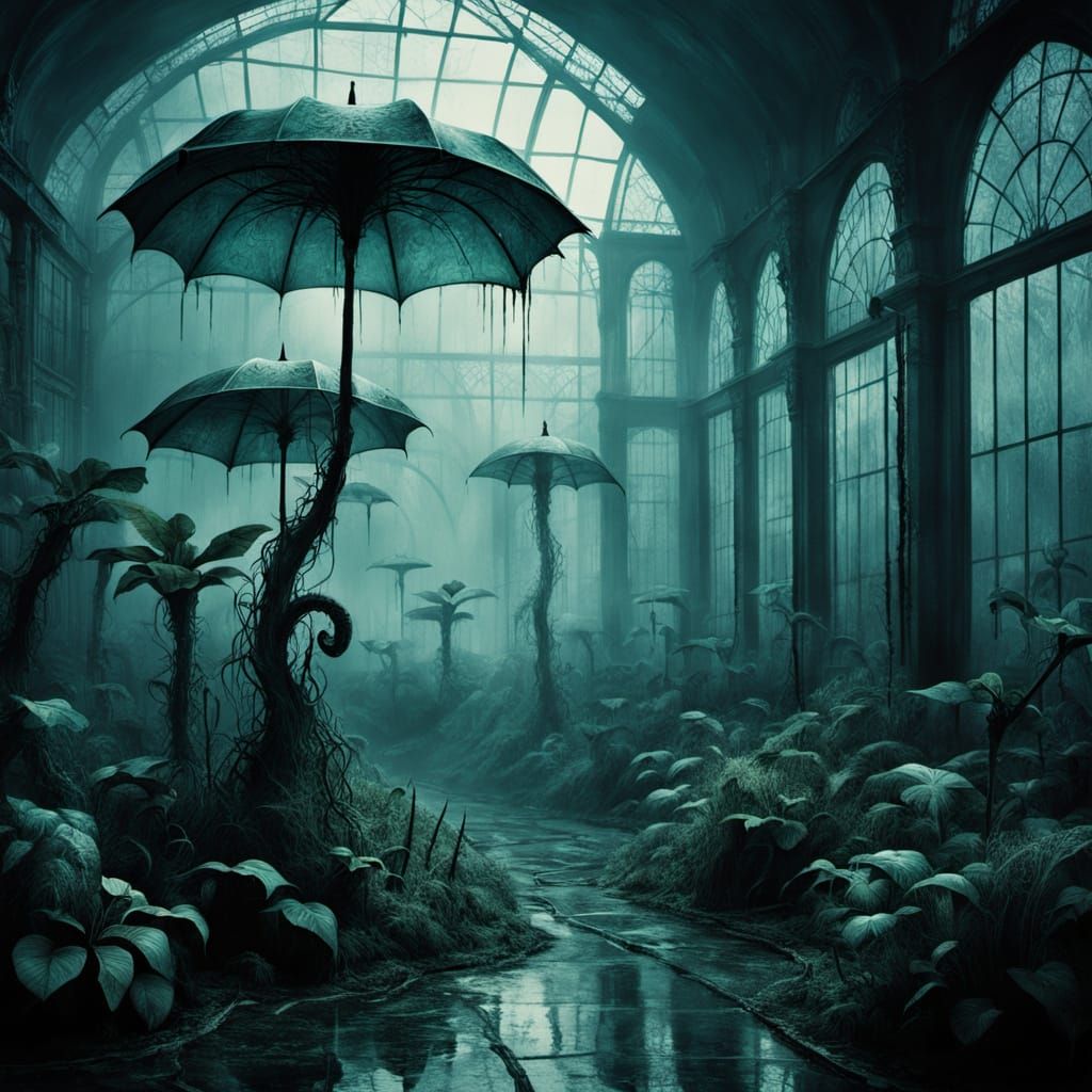 Surreal Overgrown Garden with Gothic Girl, as Oil Painting