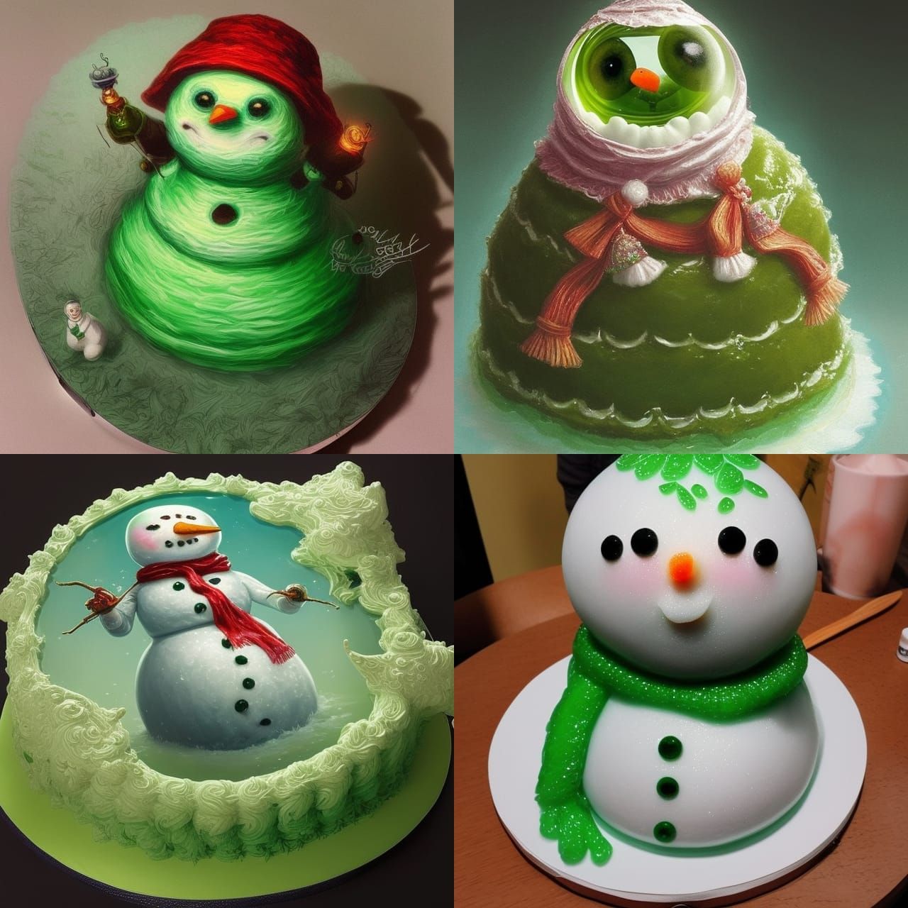 Green Jelly Snowman Cake: Digital Art Dessert