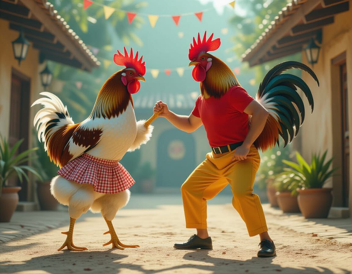 Chicken and Rooster Dancing Lambada Cinematically