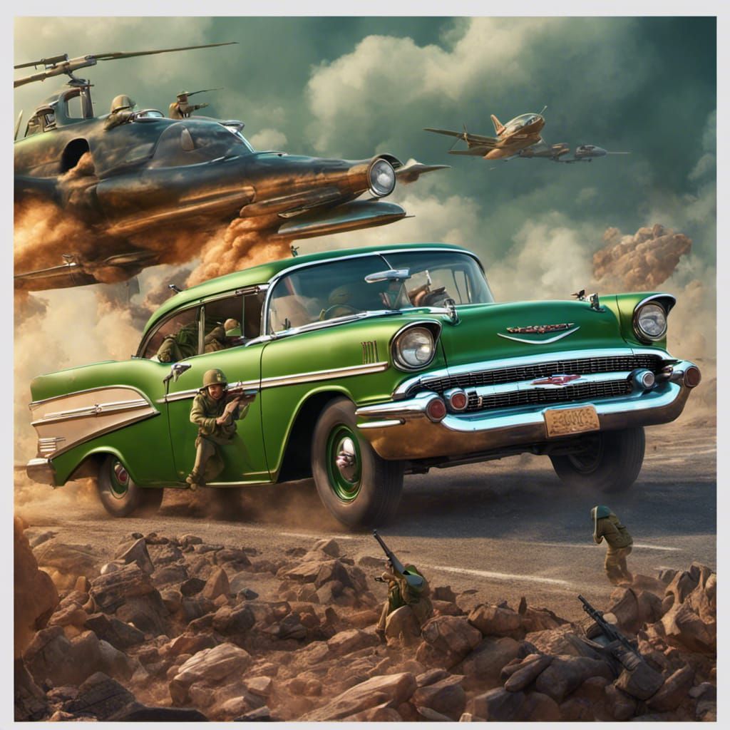 Army Men in Chevy Belair, Matte Painting