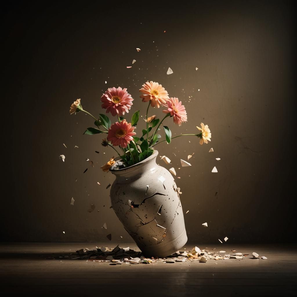 Broken Stoneware Vase with Scattered Flowers