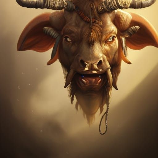 Minotaur Portrait with Broken Horn, Hyperdetailed Art
