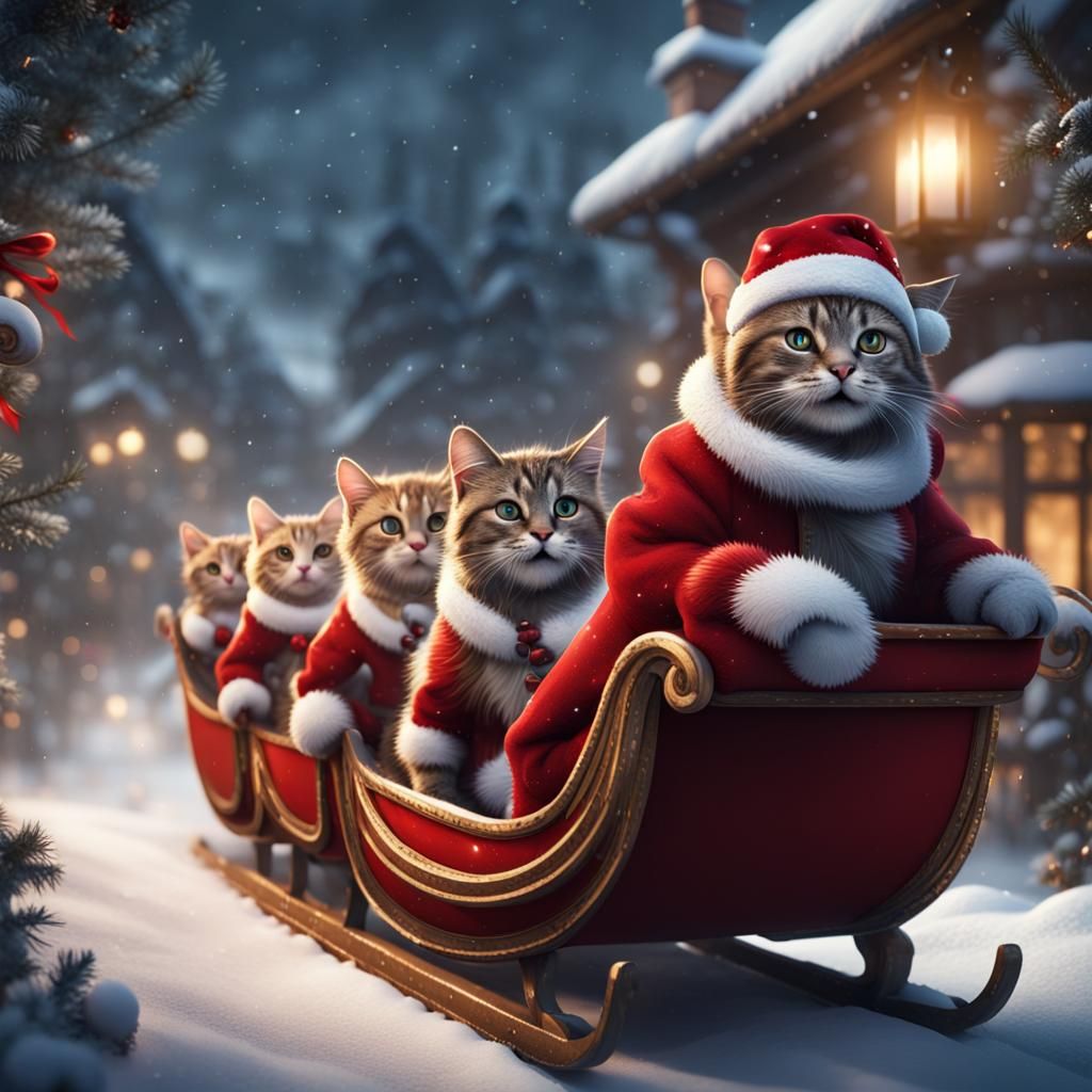 Festive Cats Sleigh Ride in Snowy Scene