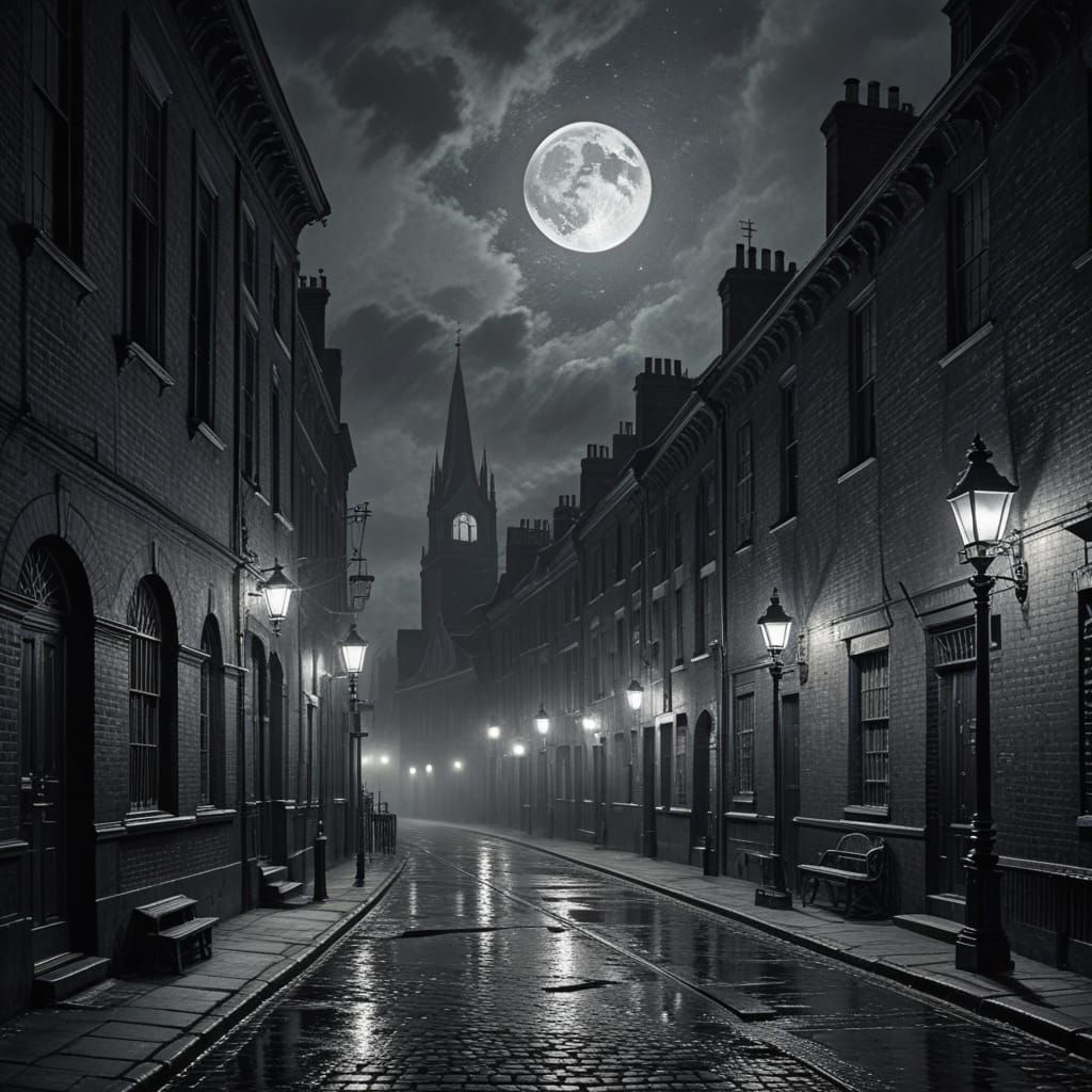 Foggy Moonlit Cityscape in Victorian Engraving Style