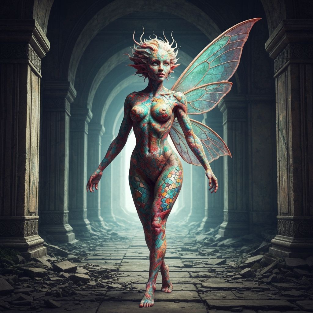Surreal Fairy Body as Ancient Mural Wall in Decaying Temple